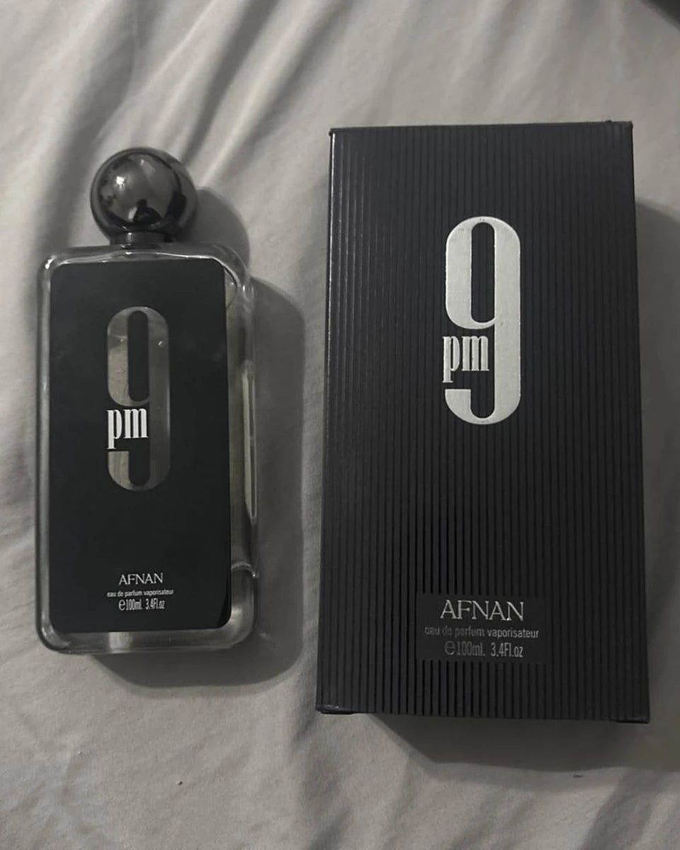 Caja y frasco de Afnan 9 PM EDP 100 ml original