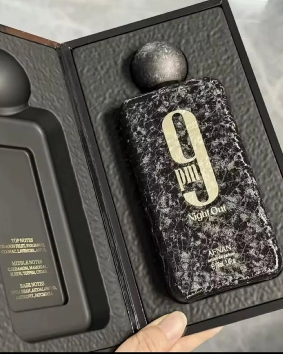 Caja y frasco de Afnan 9 PM Night Out Extrait 100 ml original