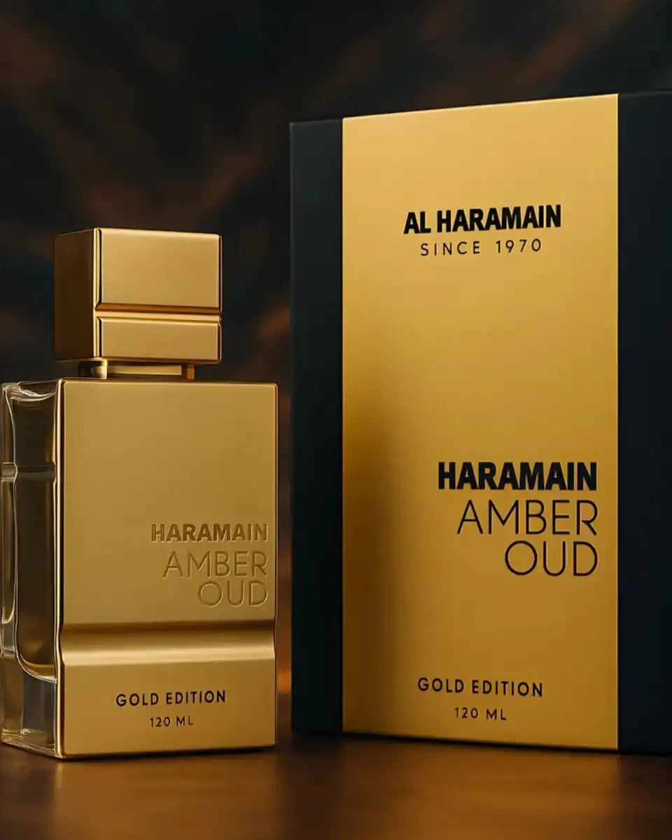 Caja y frasco de Al Haramain Amber Oud Gold Edition EDP 120 ml original
