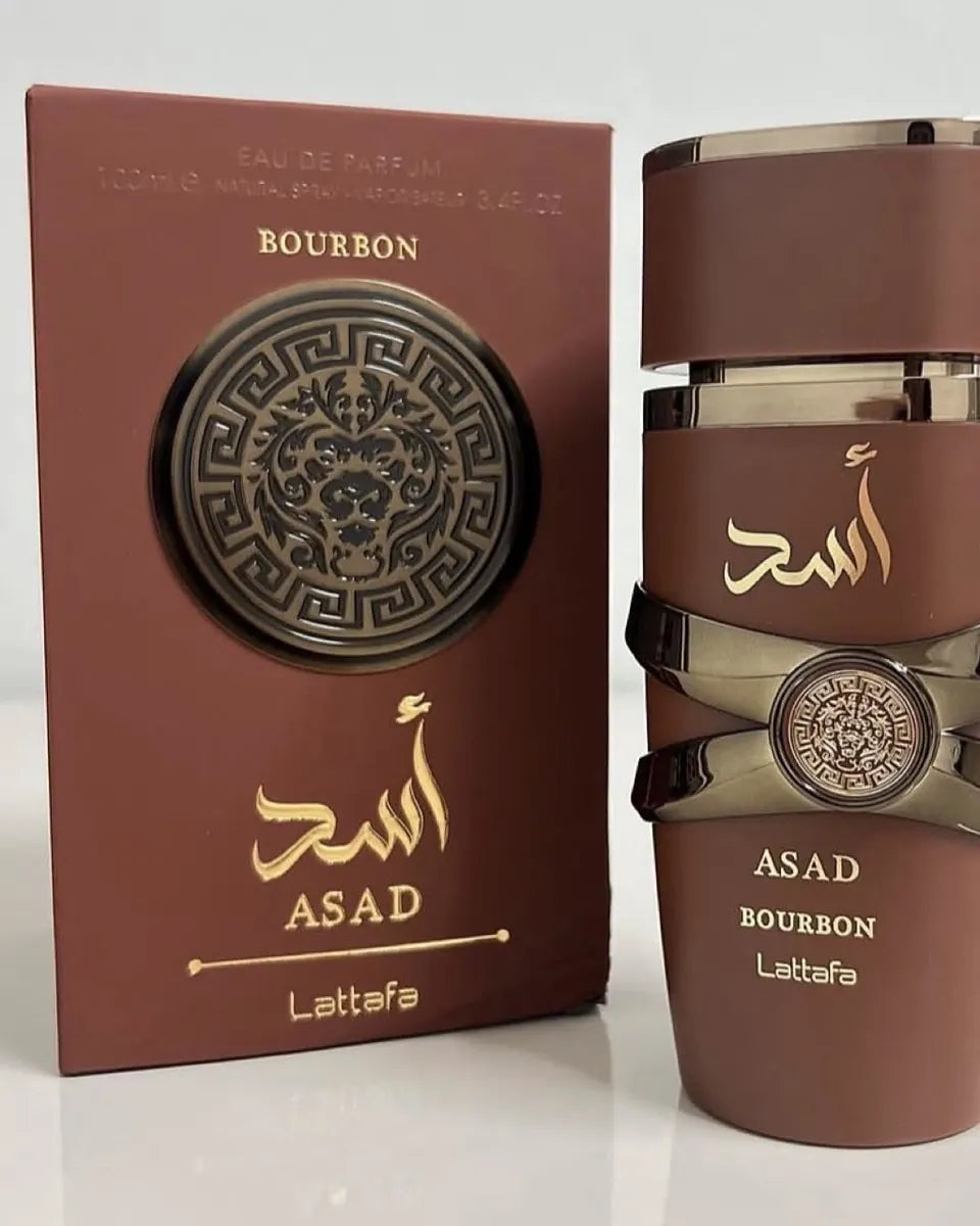 Caja y frasco de Lattafa Asad Bourbon EDP 100 ml original