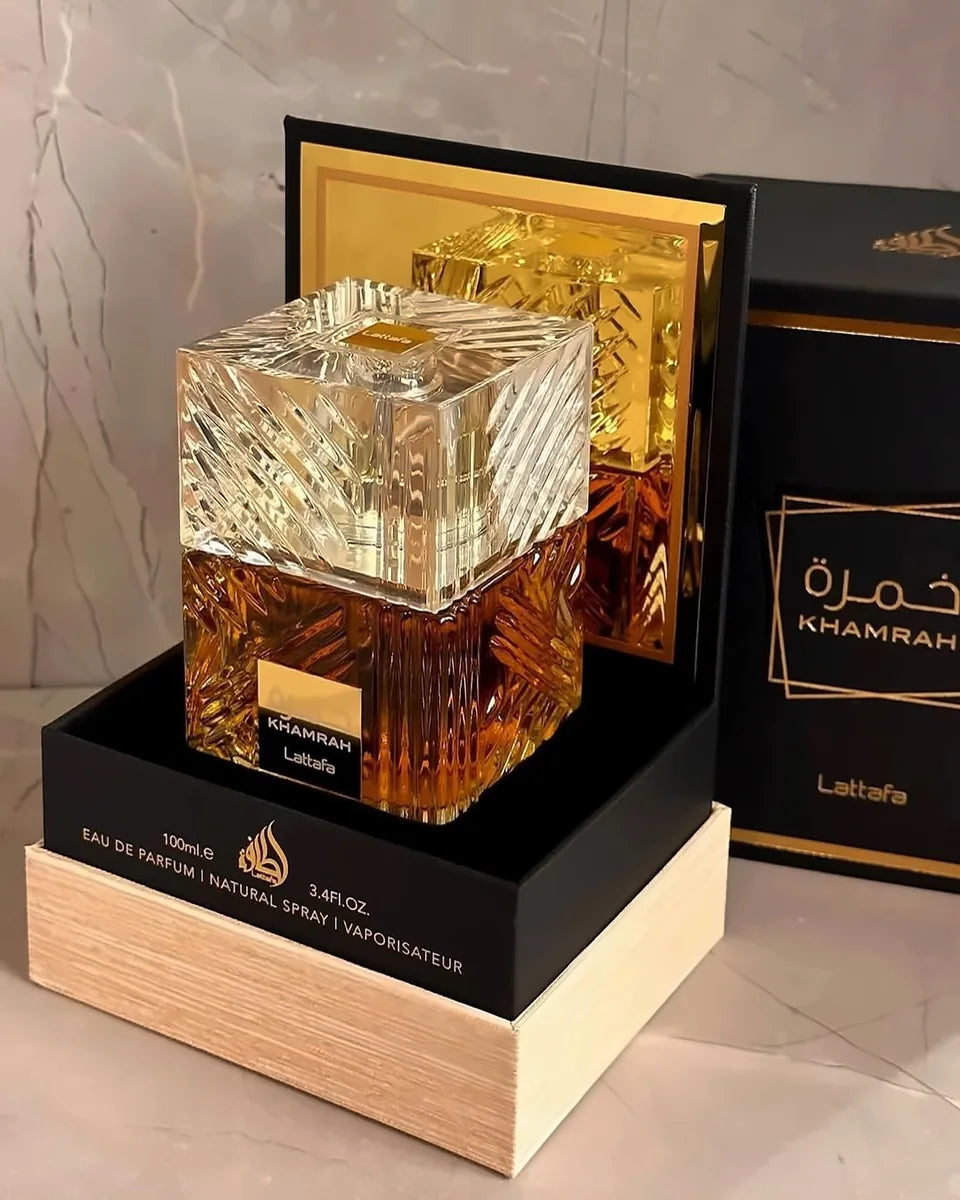 Caja y frasco de Lattafa Khamrah EDP 100 ml original