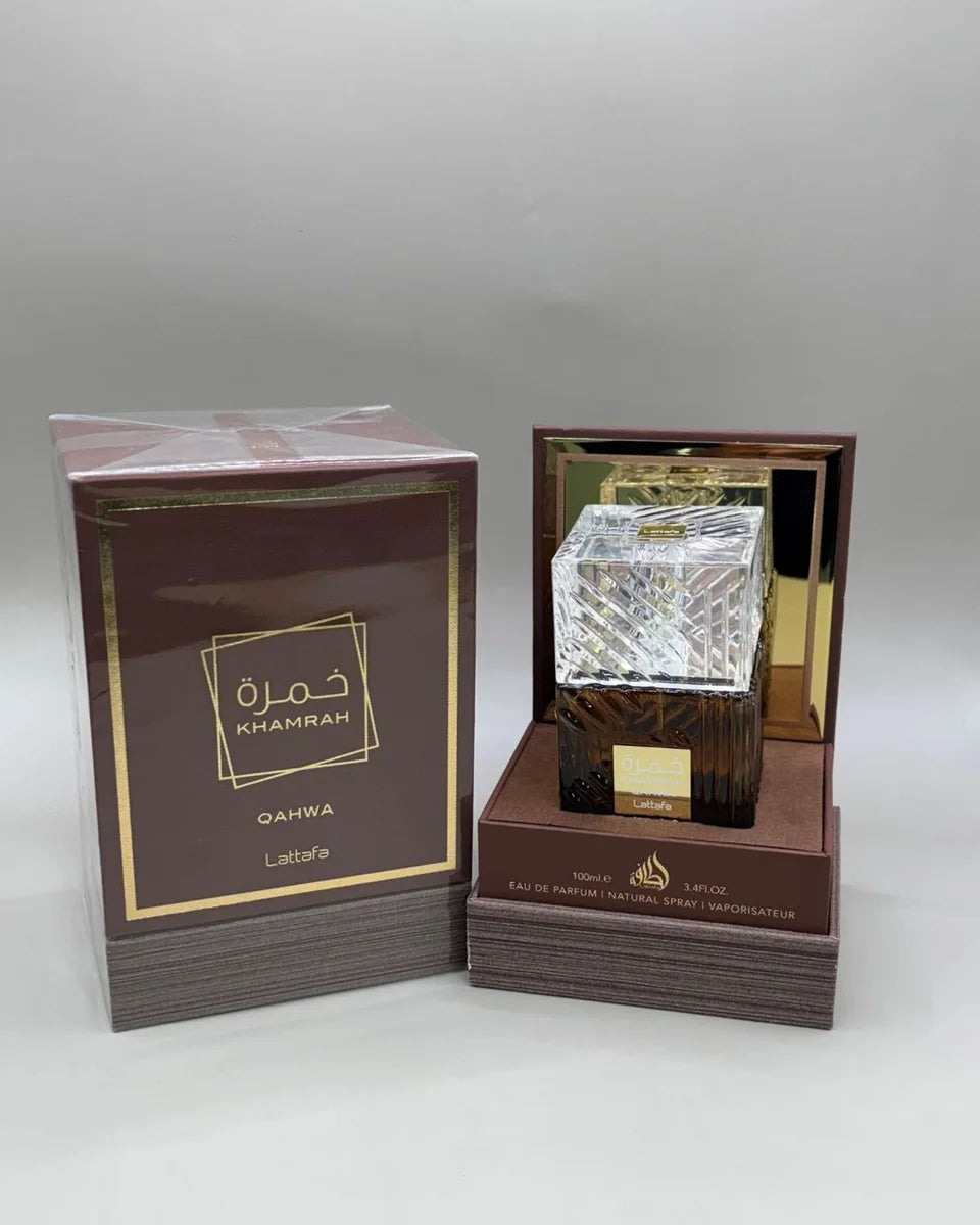 Caja y frasco de Lattafa Khamrah Qahwa EDP 100 ml original